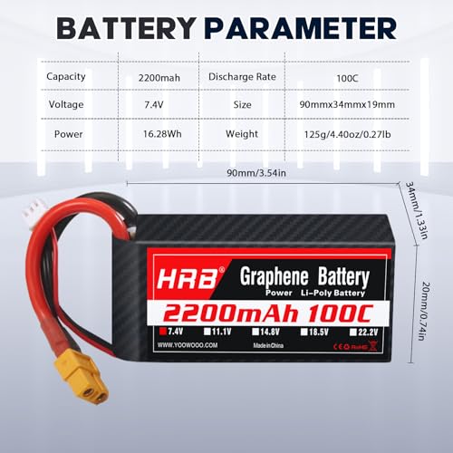 HRB 2PCS 2S 2200mAh Lipo Battery 100C 7.4V XT60 Compatible with RC Plane