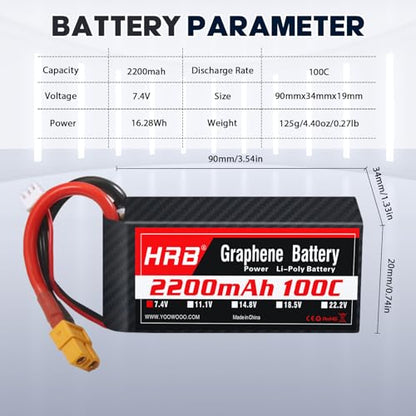 HRB 2PCS 2S 2200mAh Lipo Battery 100C 7.4V XT60 Compatible with RC Plane