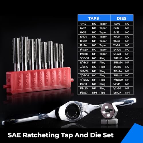 toolant 41-Piece SAE Ratcheting Tap and Die Set | Seventeen SAE taps, seventeen SAE dies, #4 to 1/2-inch range, 1/8 NPT tap, thread cutting and repair - size: 41pcs set