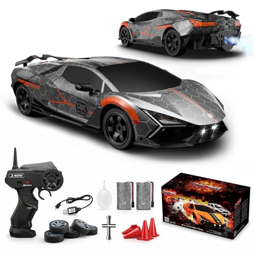 RC Drift Car, 1:16 Remote Control Car 2.4Ghz High Speed RC Cars 4WD Racing Sport Toy Cars with LED Lights, Spray, Drifting Tires, 2 Batteries for Kids Boys Girls Adults Birthday Christmas - color: Silver