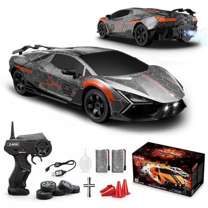 RC Drift Car, 1:16 Remote Control Car 2.4Ghz High Speed RC Cars 4WD Racing Sport Toy Cars with LED Lights, Spray, Drifting Tires, 2 Batteries for Kids Boys Girls Adults Birthday Christmas - color: Silver