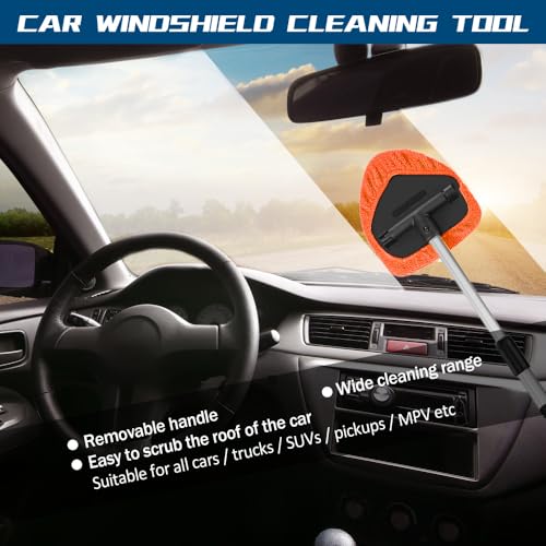 Car Wash Brush with Long Handle, Windshield Cleaning Tool, Car Washing Mop Kit Mitt Sponge Car Cleaning Supplies Kit, Microfiber Towel Gloves Universal for Cars RV SUV Truck Office (Orange) - color: Orange
