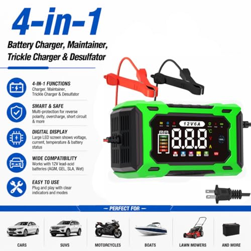 6A 12V Smart Battery Charger Maintainer (Green) | 6A Smart Charger Maintainer, Pulse Desulfator, Trickle Tender, Overcharge Safe, AGM/GEL/SLA, for Car/Marine/Lawn Mower/ATV - color: Green