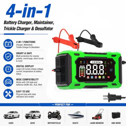 6A 12V Smart Battery Charger Maintainer (Green) | 6A Smart Charger Maintainer, Pulse Desulfator, Trickle Tender, Overcharge Safe, AGM/GEL/SLA, for Car/Marine/Lawn Mower/ATV - color: Green