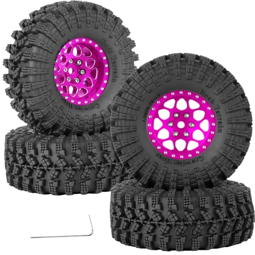 1.3" Beadlock Wheel Tires Set for 1/18 1/24 SCX24 TRX4M RC Crawler Car,Alloy RC Wheel Rims Brass Coating Rings All Terrain RC Tires,Pink - color: Pink(4pcs)
