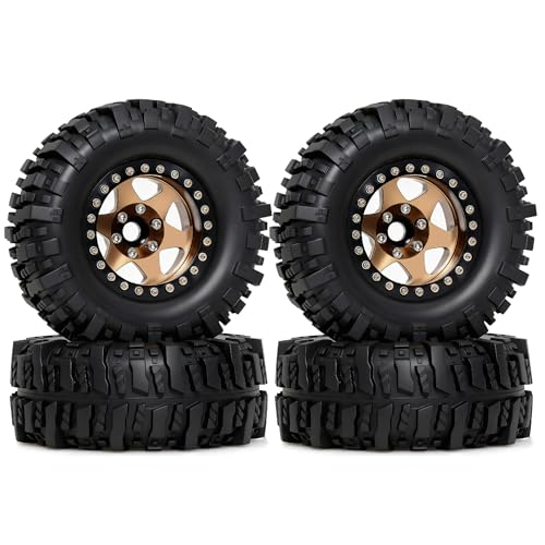 REDSPIDER 4PCS 1.9" RC Crawler Tires Mud Slingers (OD 95mm/3.75") & Beadlock Wheels, Deep Dish -10.4mm Negative Offset Rim for 1/12 MJX H12Y, MN128, MN82S, (Brown) - color: Brown