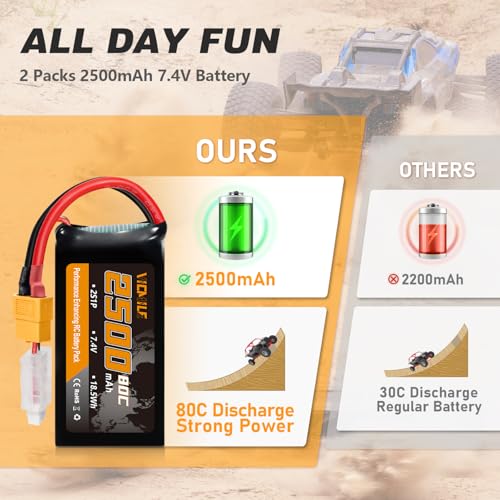 2S Lipo Battery 2500mAh 7.4V 80C High Discharge Rate Shorty Pack RC Batteries with XT60 Plug Fit for RC Airplane FPV Quadcopter Helicopter Drone and Racing RC Hobby Models 2500 High Capacity - style: XT60