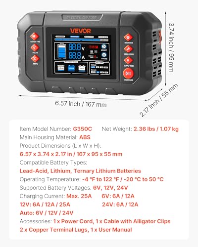 VEVOR Smart Battery Charger, 25A, 6V 12V 24V Ternary Lithium LiFePO4 Lead-Acid (Gel/AGM) Battery Charger, with 3.4-Inch LCD Display, Trickle Charging Maintainer Desulfator, for Car, Boat, Motorcycle - size: 25A