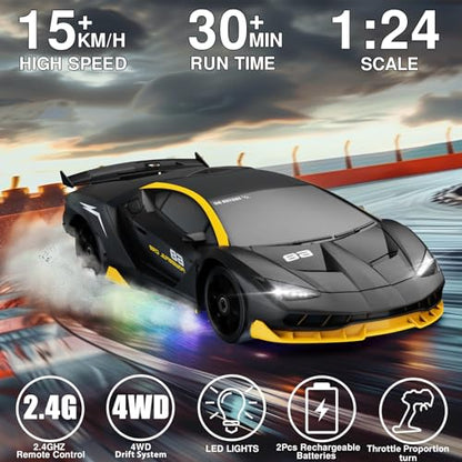 Remote Control Car RC Drift Car 2.4GHz 1:24 4WD 15KM/H High Speed Racing Sport Car with LED Lights Drifting Tire Racing Sport Toy for Adults Boys Girls Kids Gift - color: Dark Gray