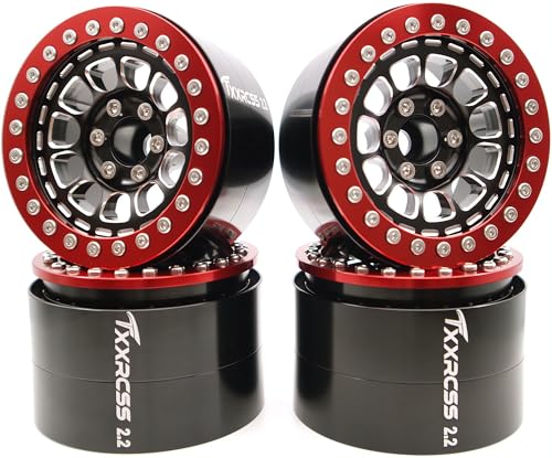 RC 2.2 Aluminum Alloy Beadlock Wheels and Tires Upgrades Accessories Rims for 1/10 SCX10 TRX4RC4WD and D90 RC Crawler Axial Remote Control Car (4pc) (Black & Red) - color: Black & Red