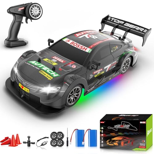 RC Drift Car 1:16, 2.4GHz 4WD 30+KM/H High Speed Remote Control Car with LED Lights Two Batteries and Drift Tires, Drifting RC Cars for Adults Boys Kids, Gray - color: Gray