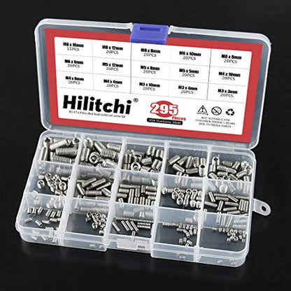 Hilitchi 295Pcs M3/4/5/6/8 304 Stainless Steel Set Screw Assortment with Internal Hex Drive and Cup Point, Metric - color: Silver - Metric - 295pcs