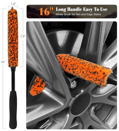 YeewayVeh 7PCS Motorcycle Cleaning Kit, 2-Size Bendable Wheel Brush, Orange | Tire & Chain Brush, Boars Hair Detailing, Wash Mitt, Microfiber Towel for Dirt Bike & Car Wheels