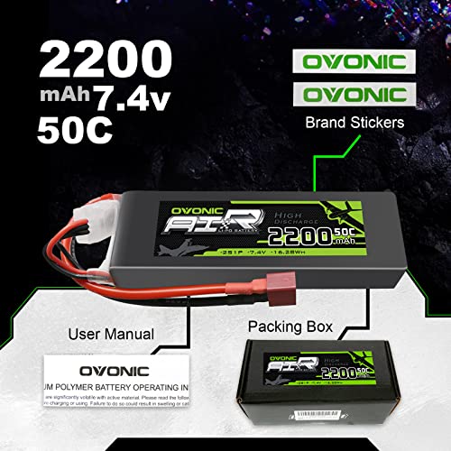 OVONIC 2200mAh 7.4V 2S Lipo Battery 50C Soft Case with Style-T Connector for RC Cars, Trucks, Planes, Drones – 2 Pack