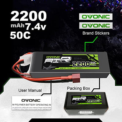 OVONIC 2200mAh 7.4V 2S Lipo Battery 50C Soft Case with Style-T Connector for RC Cars, Trucks, Planes, Drones – 2 Pack