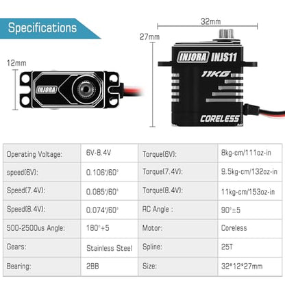 INJORA 11KG High Torque Coreless Servo for 1/18 1/24 RC(Side Wire Exit)