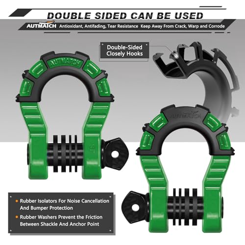 AUTMATCH D Ring Shackle 3/4" Mega Shackle (2 Pack) 68,000Ibs Break Strength - Heavy Duty Clevis Shackle with 7/8" Screw Pin & Isolator Washer for Tow Strap Winch Off Road Vehicle Recovery, Dark Green - color: Dark Green & Black