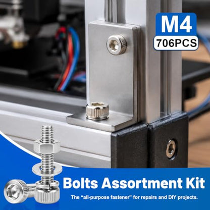 706PCS M4 Hex Socket Head Cap Screw Assortment Kit 304 Stainless Steel | Metric Machine Bolts and Nuts, Flat & Spring Washers, M4x6/8/10/12/16/20/25/30 mm for 3D Printer, RC Car, Drones, DIY Repair - size: SS M4 706PCS