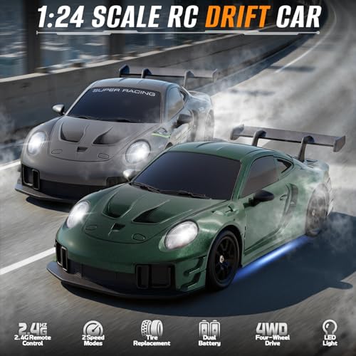 RC Drift Car, 1:24 4WD Remote Control Cars Vehicle with LED Light,2.4GHz 20KM/H High Speed RC Cars with Two Batteries & Drifting Tires Racing Sport Toy for Adults Boys Girls Kids - color: Green