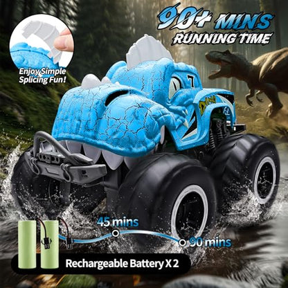 Amphibious Remote Control Car, 1:20 Waterproof Dinosaur Monster Trucks for Boys Age 4-7, 2.4GHz All Terrain RC Cars with 2 Batteries, 360° Rotating Stunt RC Car Toy Birthday Gift for Kids 3-5 - color: Azure Dinosaur Truck