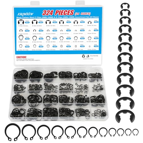 324Pcs C Clips & E Clips Assortment Kit, External Retaining Snap Rings | 24 sizes black carbon steel, C Clip 5mm–16mm, E Clip 2mm–12mm, for shafts, bearings, machinery & automotive repair