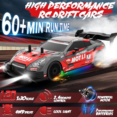 RC Drift Car 1:20 Scale Remote Control Cars 2.4GHz 4WD High Speed RTR Racing Vehicle with LED Lights 2 Rechargeable Batteries and Drifting Tires Racing Sport Toy Car for Adults Kids Boys Girls - color: Red