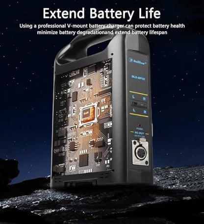 Dual Channel V-Mount/V Lock Battery Charger Compatible with 14.4V/14.8V V-Mount Batteries, 2.5A/5A Charge Current, Built-in DC Adapter with 16.7V /4.5A Output.