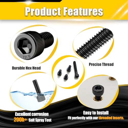 220pcs M4 x 6mm Screws, Hex Socket Head Cap Screws Bolts, 12.9 Grade Alloy Steel, Black Zinc Plated, Allen Socket Drive, Half-Threads, Machine Screws - size: M4*6mm 220pcs