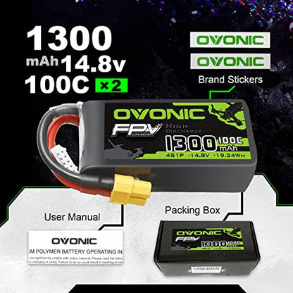 OVONIC 4s Lipo Battery 100C 1300mAh 14.8V Lipo Battery with XT60 Connector for RC FPV Racing Drone Quadcopter - size: 1pcs