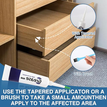 Drawer Slide Grease 3.38oz Multi-Purpose Lubricant for Cabinet Slides, Door Hinges, Bearings, Gears, Garage Doors and Window Tracks, With Cleaning Cloth, Tapered Applicator and Brush