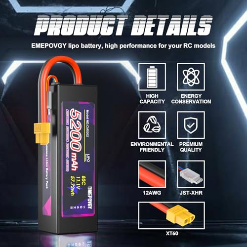 11.1V Lipo Battery 3S 5200mAh 80C Lipos Hard Case with XT60 Connector for RC Car Trucks 1/8 1/10 RC Vehicles(2 Packs) - color: Hardcase-2