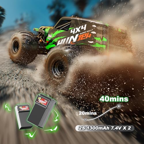RC Cars 1:14 Scale 4WD Off-Road Monster Truck Rc, 40+ KM/H 4X4 Waterproof ESC Remote Control Car with Dual 7.4V 1300mAh Batteries, Extra Paddle Tires & Full Roll-Cage Frame for Adults & Boys