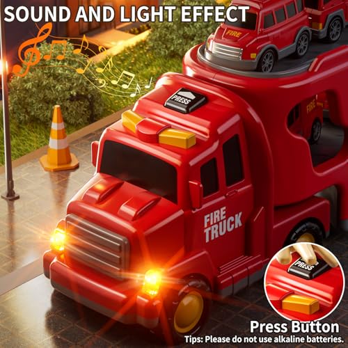 JUKUDAHU 7-in-1 Fire Trucks for Kids - Transport Truck for Boys | Sound and Light, Kids Toys for Ages 4-6, Birthday Gifts for Boys Girls Ages 5-7 4-8 Year Old - style: 7 IN 1 Fire Truck
