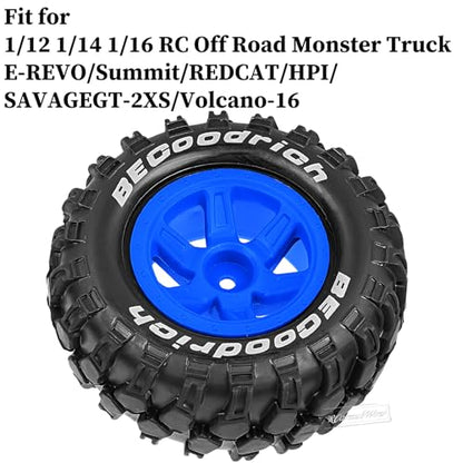 RC Wheels and Tires Off-Road Buggy Tires for 1/12 1/14 1/16 RC Off Road Monster Truck E-REVO Summit REDCAT HPI SAVAGEGT-2XS Volcano-16,1/12 1/14 1/16 Wheels Tires Set Pre-glued,Navy Blue