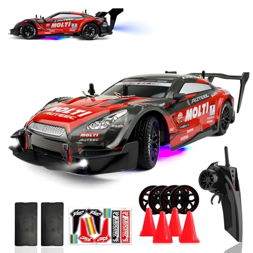 HTURCCOP 1:16 RC Drift Car 2.4GHz Spray 4WD LED Lights 30+KM/H High Speed Remote Control Car 2 Batteries 60Min Infinitely Variable Speed Drift Car Toys for Adults and Kids(Red) - color: Red 1:16