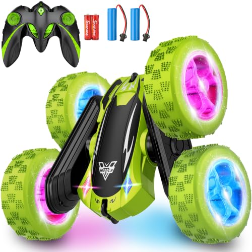KKONES Remote Control Car, 2.4GHz Electric Race 4WD Flips Stunt Car, Green | Double Sided 360° Rolling Rotation, LED Headlights, High Speed Off Road Gift for 3 4 5 6 7 8-12 Year Old Boy Toys - color: Green