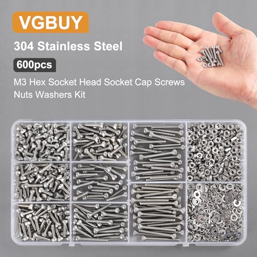 VGBUY 600pcs M3 Screw Assortment Kit, M3 Screws (8 Sizes 6-30mm) for 3D Printer DIY, Hex Socket Head Cap Screws Bolts Nuts Washer Kit, 304 Stainless Steel, 6/8/10/12/16/20/25/30mm - size: M3x6/8/10/12/16/20/25/30mm, style: Socket Head