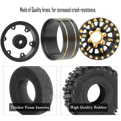 Brass 1.0 Beadlock Wheels Tires for RC Crawler Car 1/18 TRX4M,1/24 SCX24,RC Brass 1.0 in Truck Tires,7mm Hex Wheels Rims and Rubber Tires w/Sponge,4pcs