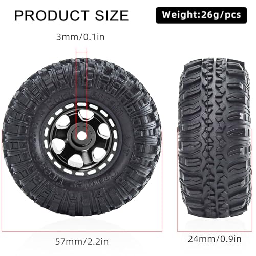 1.0 Beadlock Wheels and Tires Set 57 x 24 mm 1.0 inch Rubber Rock Crawler Tires & Alloy Blade Wheels For 1/18 1/24 Axial SCX24 TRX4M Gladiator Bronco C10 JLU Deadbolt RC Crawler Upgrade(Black) - color: Black