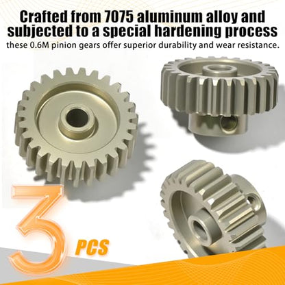 3PCS 0.6 Mod 0.6M Pinion Gear Set 26T 27T 28T, 7075 Aluminum Alloy RC Gears with 3.175mm Bore for 540 550 Brushed Brushless Motors, Fits for 1/10 Tamiya Redcat HSP HPI RC Cars - size: 26 27 28T