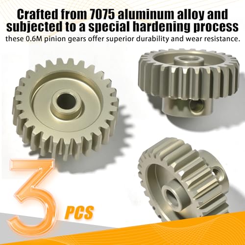 3PCS 0.6 Mod 0.6M Pinion Gear Set 26T 27T 28T, 7075 Aluminum Alloy RC Gears with 3.175mm Bore for 540 550 Brushed Brushless Motors, Fits for 1/10 Tamiya Redcat HSP HPI RC Cars - size: 26 27 28T