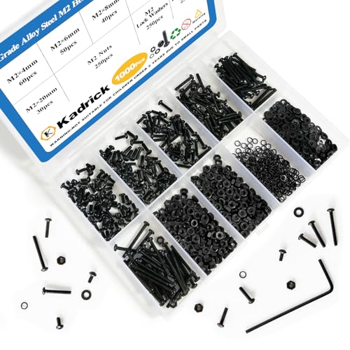 KADRICK 1000PCS M2 Screw Kit,Hex Socket Button Head Bolts 4mm-20mm | M2 Screws with Nuts Flat/Lock Washers,Class 10.9 Alloy Steel,Black Oxide Finish - size: M2 1000Pcs 4-20mm