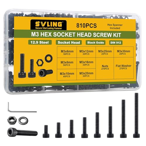 810Pcs M3 Screws Assortment Kit,Hex Socket Head Cap Screws Bolts Nuts Washer Set,12.9 Grade Alloy Steel,Black Oxide M3 x 6/8/10/12/16/20/25/30mm,for 3D Printer,DIY Project - size: M3 810PCS Socket Black