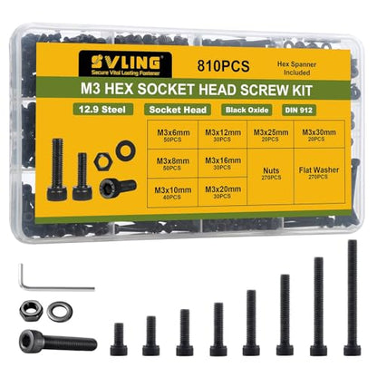 810Pcs M3 Screws Assortment Kit,Hex Socket Head Cap Screws Bolts Nuts Washer Set,12.9 Grade Alloy Steel,Black Oxide M3 x 6/8/10/12/16/20/25/30mm,for 3D Printer,DIY Project - size: M3 810PCS Socket Black