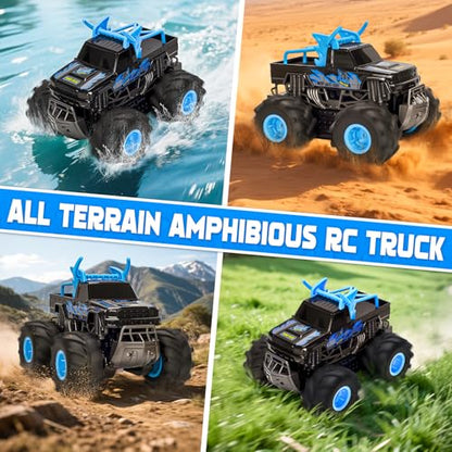Remote Control Car for Kids, Waterproof RC Monster Truck with Gesture Band | All Terrain Waterproof RC Car Drives on Land and Water with 4WD, LED Lights, Spray, 360° Stunts, Tracks and 50+ Min Play - color: Blue