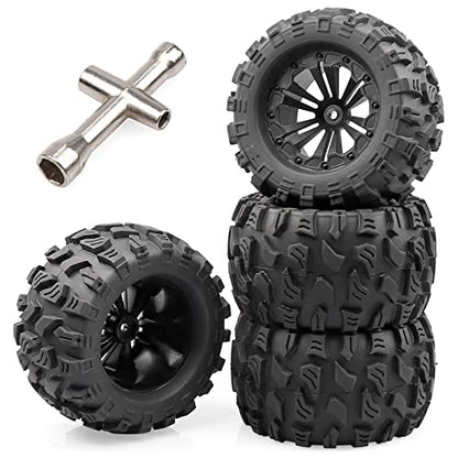 Aimrock 4pcs Pre-Glued 12mm Hex 2.8'' RC Wheels and Tires OD 5'' with Wrench for 1/10 Traxxas Hoss Stampede Rustler HSP Redcat Volcano RC Monster Truck Tires Wheels Off-Road RC Car