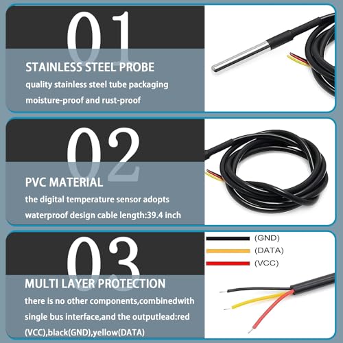DS18B20 Temperature Sensor Module Kit with High-Accuracy Waterproof for Arduino Raspberry Pi DIY and Other Experiments