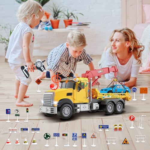 2.4GHz Remote Control Tow Truck for Kids – RC Log Truck with Racing Car, 4 Channel RC Transport Crane Vehicle Toy with Lights & Sounds, 28PCS Traffic Signs, 2 Batteries – Birthday Gift for Boys Girls