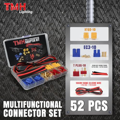 TMH 52 Pcs T-Plug EC3 XT60 Male and Female Plug Adapter Connector Kit with 14 AWG Silicone Wire + Heat Shrink Tubing, Compatible for RC ESC Lipo Battery Motor (Total 52 PCS) - size: 52 Pcs