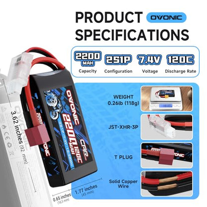 OVONIC 2S Lipo Battery 7.4V 2200mAh 120C with Dean-Style T to TRA Connector for RC Car Truck Vehicles Boat Drone Airplane Quadcopter Helicopter FPV Racing Hobby Models Pro Truck Boat Jet 2 Batteries